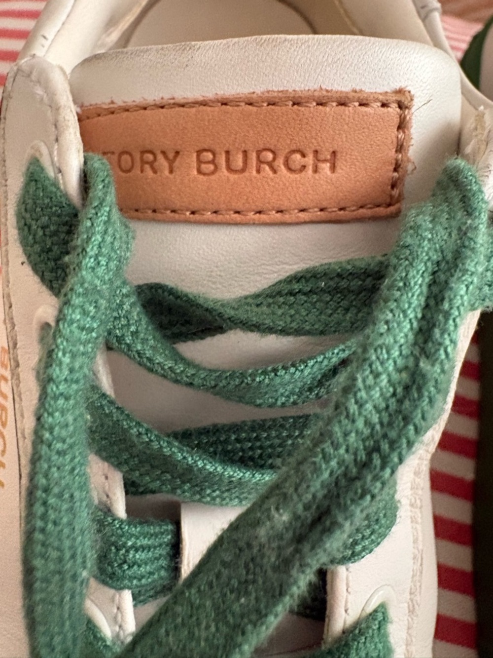 Tory Burch White Leather Sneakers with Green Accents - Picture 3 of 16